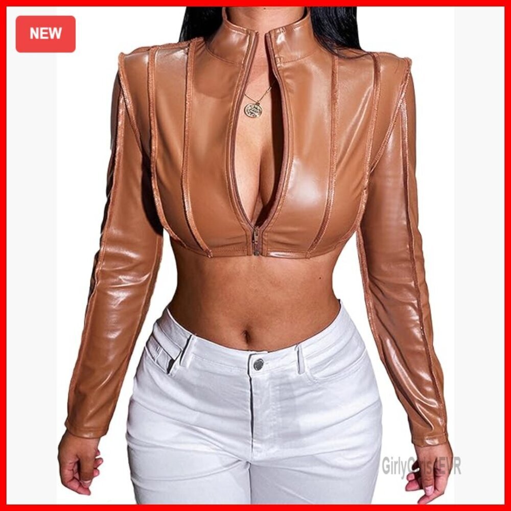 PU Leather Cropped Jacket Mock Neck Long Sleeve Zip Up Bolero Coat